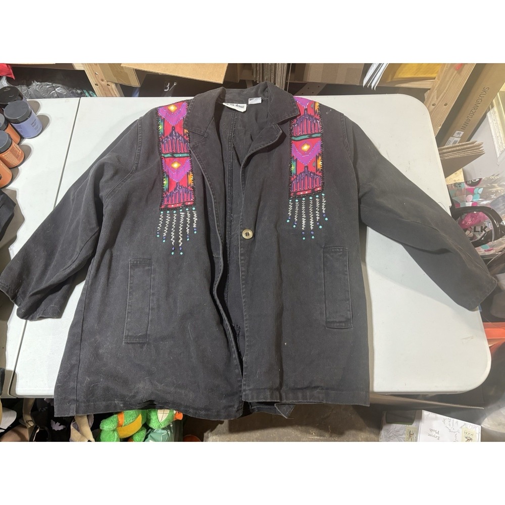 Vtg On The Verge Black Denim Jacket Women XL ‎ Coat Cowboy Native Painted